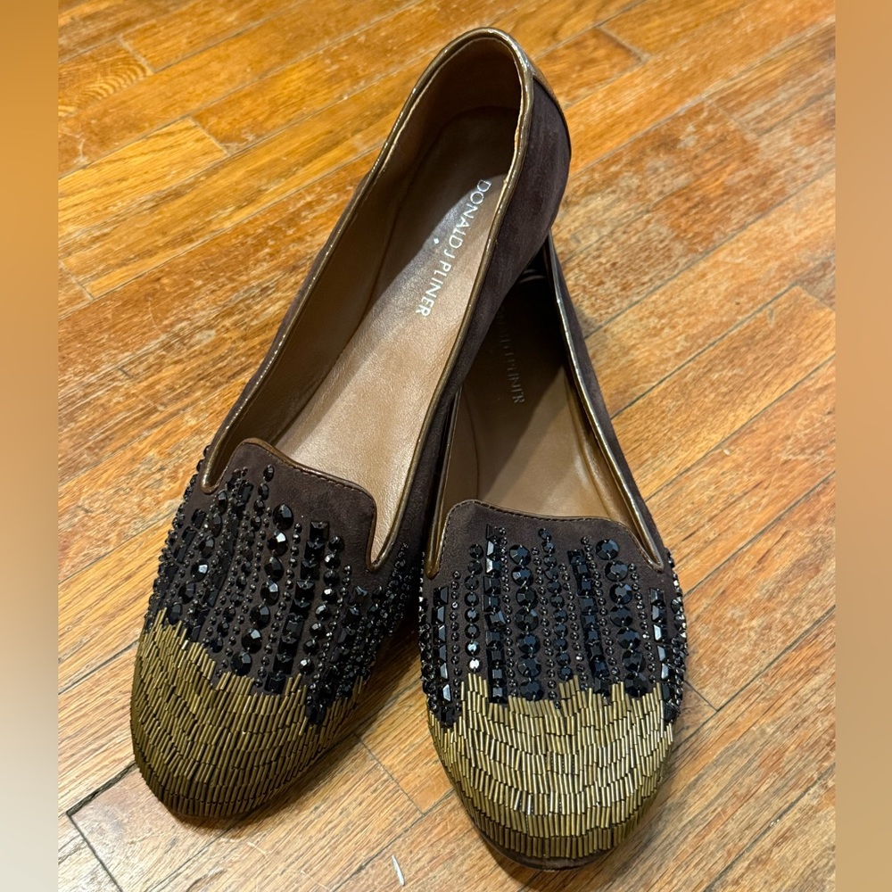 Donald J. Pliner Espresso Suede Beaded Smoking Loafer, Sixe 10